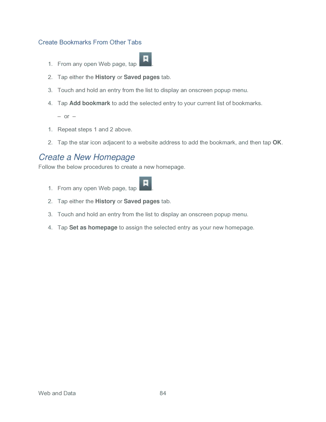 Samsung SPH-P500TSASPR manual Create a New Homepage, Create Bookmarks From Other Tabs 