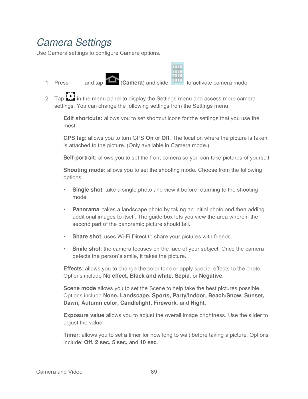 Samsung SPH-P500TSASPR manual Camera Settings, Include Off, 2 sec, 5 sec, and 10 sec 