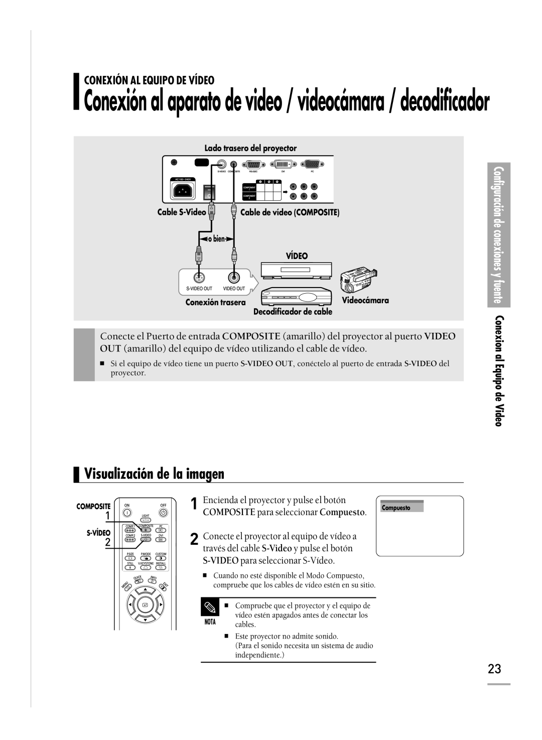 Samsung SPH700AEX/XEU manual Conexión al aparato de video / videocámara / decodificador, Visualización de la imagen 