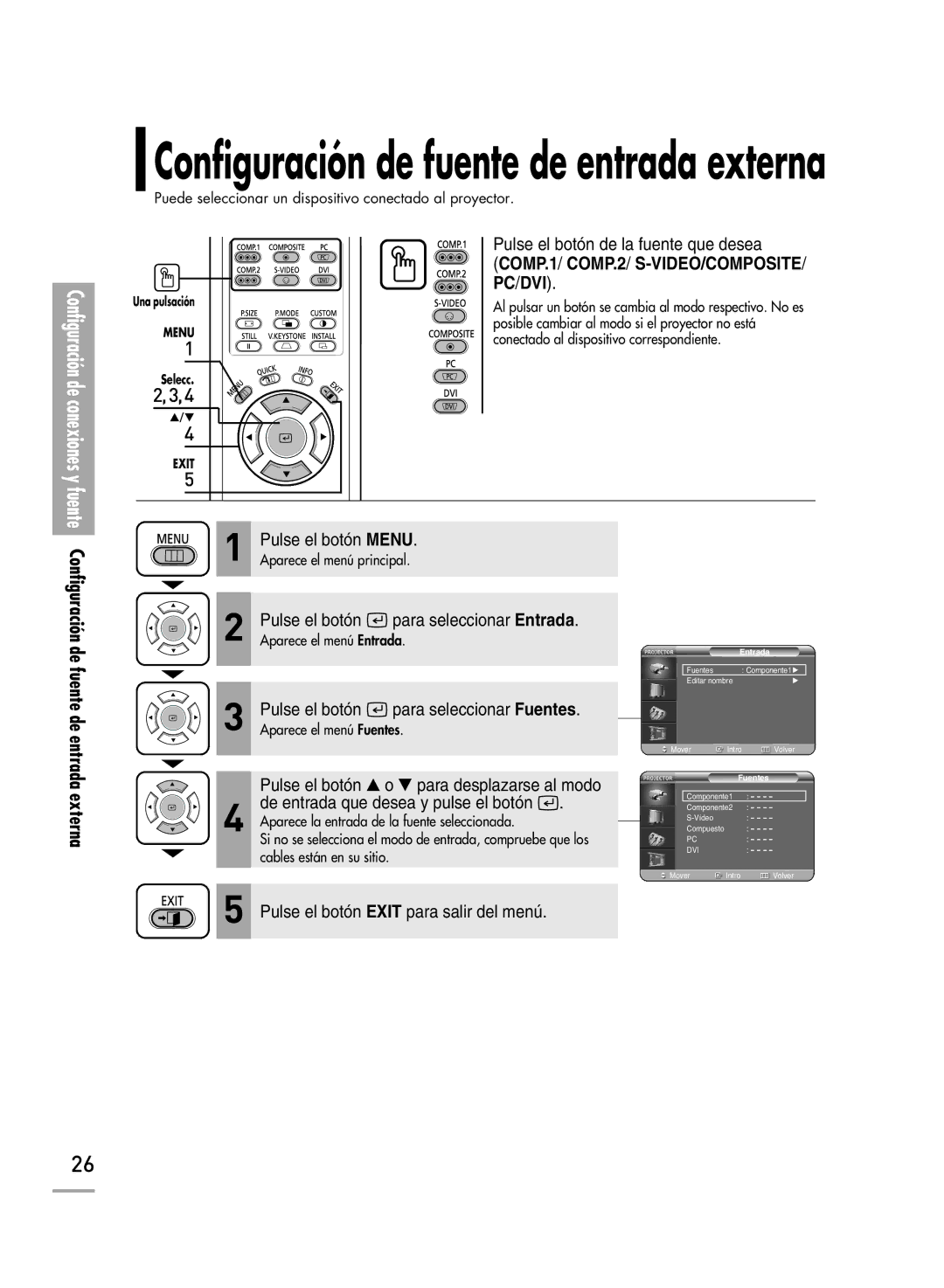 Samsung SPH700AEX/XEC, SPH700AEX/XEU manual Configuración de fuente de entrada externa 