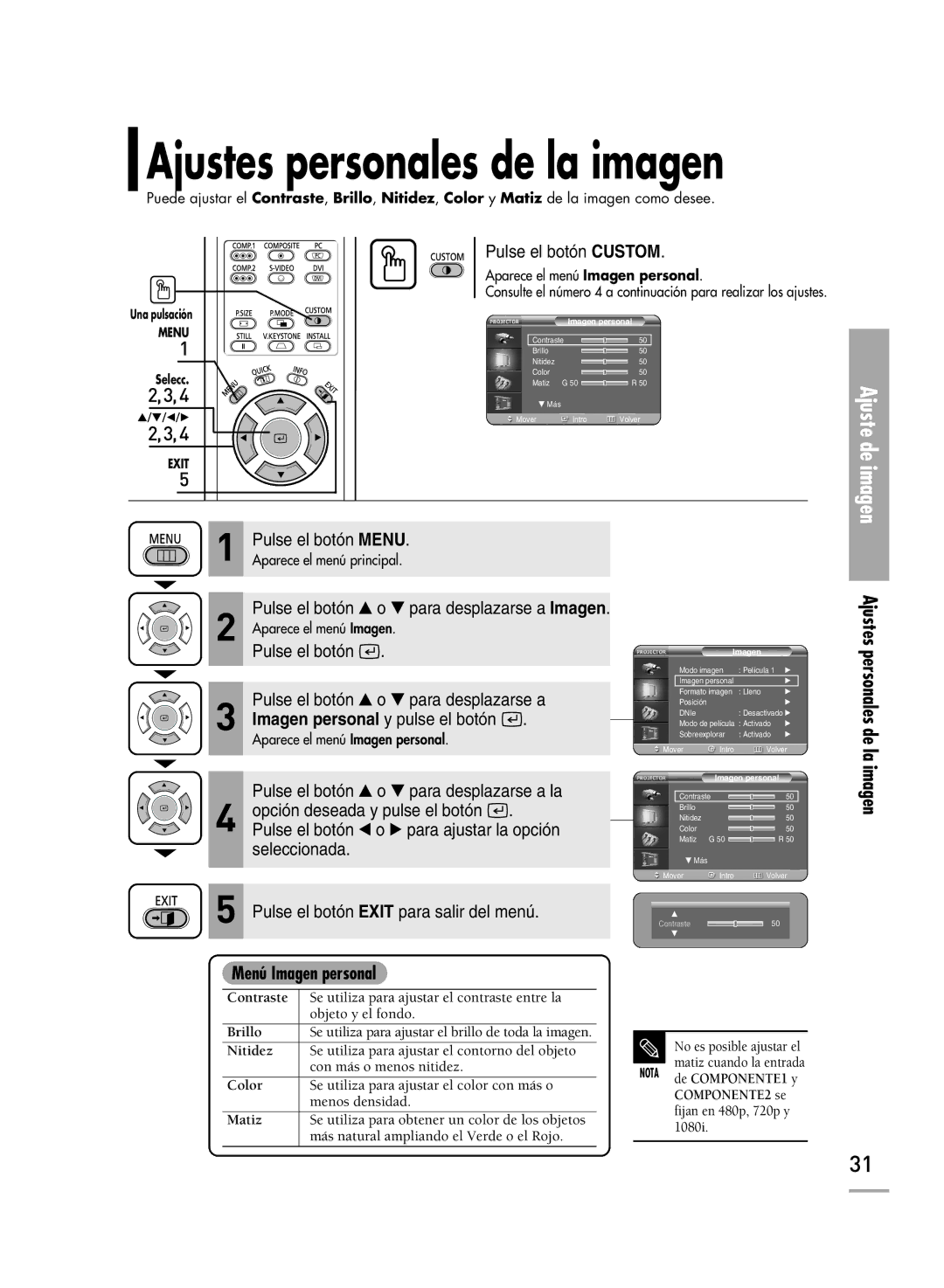 Samsung SPH700AEX/XEU, SPH700AEX/XEC manual Ajustes personales de la imagen, Menú Imagen personal 