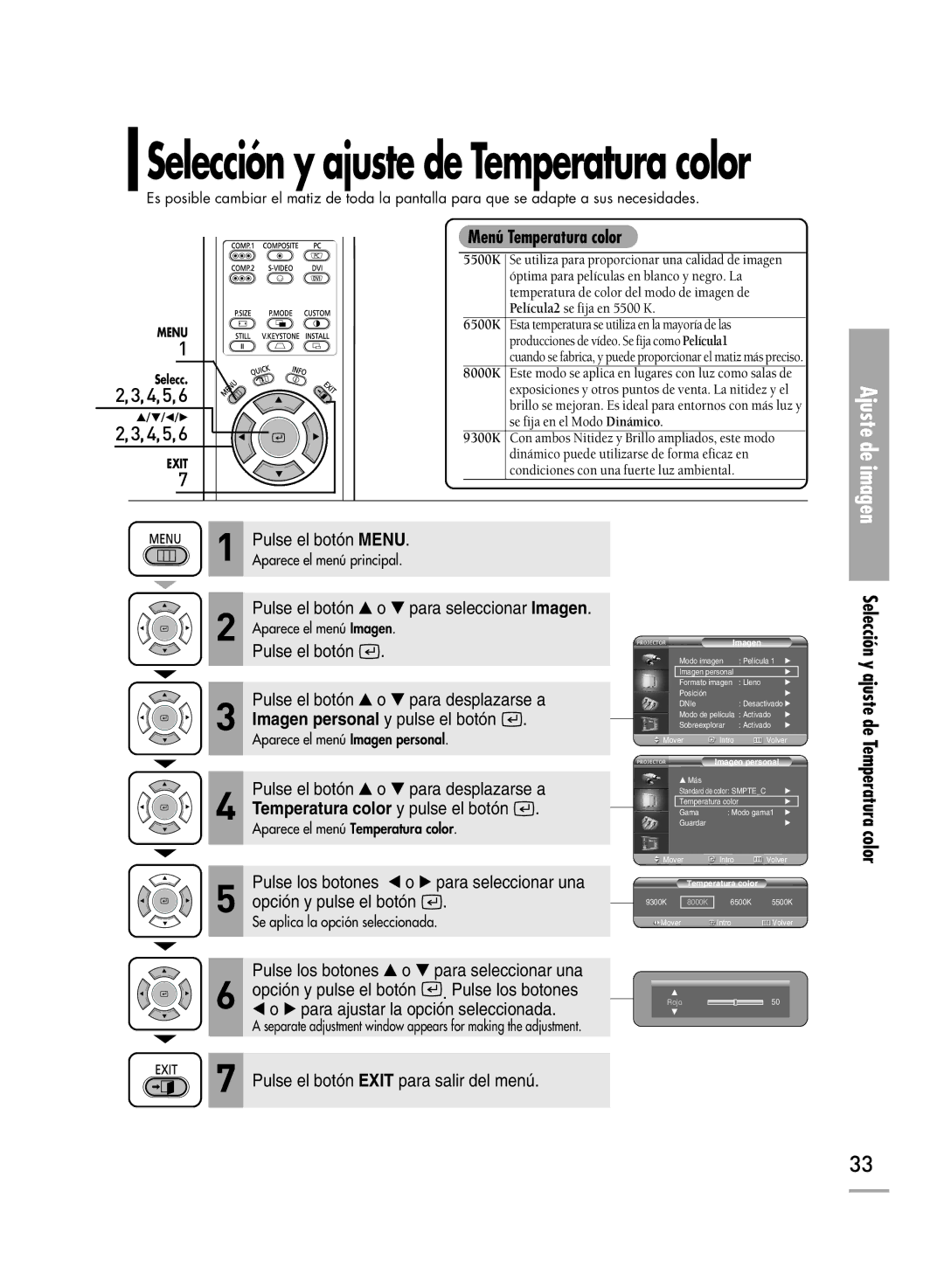 Samsung SPH700AEX/XEU, SPH700AEX/XEC manual Selección y ajuste de Temperatura color, Menú Temperatura color 