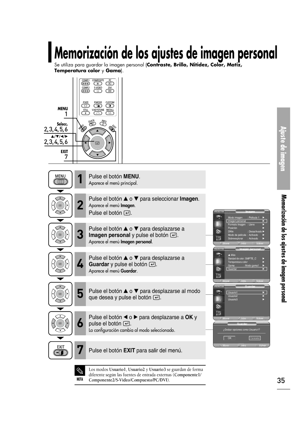 Samsung SPH700AEX/XEU, SPH700AEX/XEC manual Memorización de los ajustes de imagen personal, Ajustes de imagen personal 