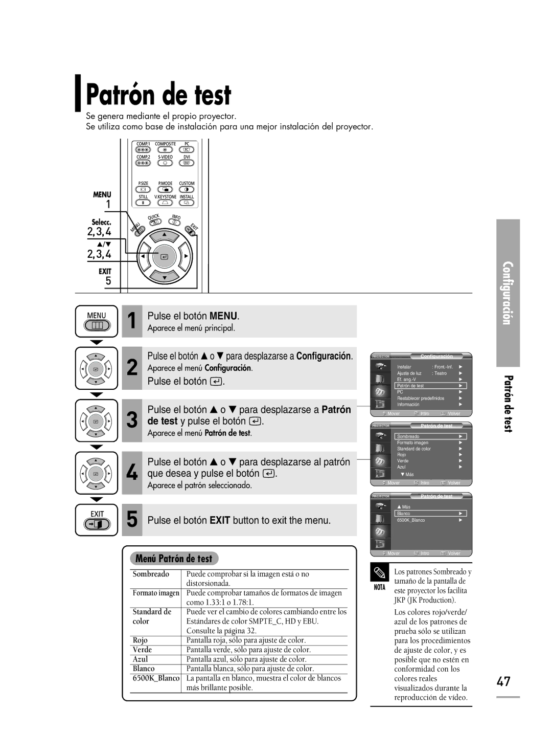 Samsung SPH700AEX/XEU, SPH700AEX/XEC manual Menú Patrón de test 