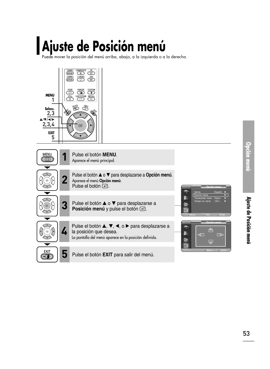 Samsung SPH700AEX/XEU, SPH700AEX/XEC manual Ajuste de Posición menú 