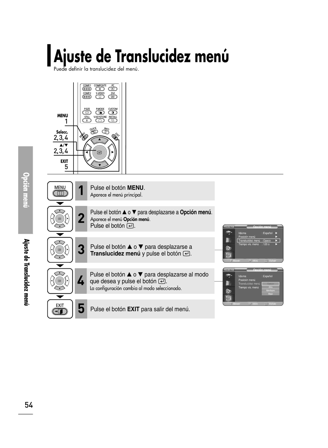 Samsung SPH700AEX/XEC, SPH700AEX/XEU manual Ajuste de Translucidez menú 