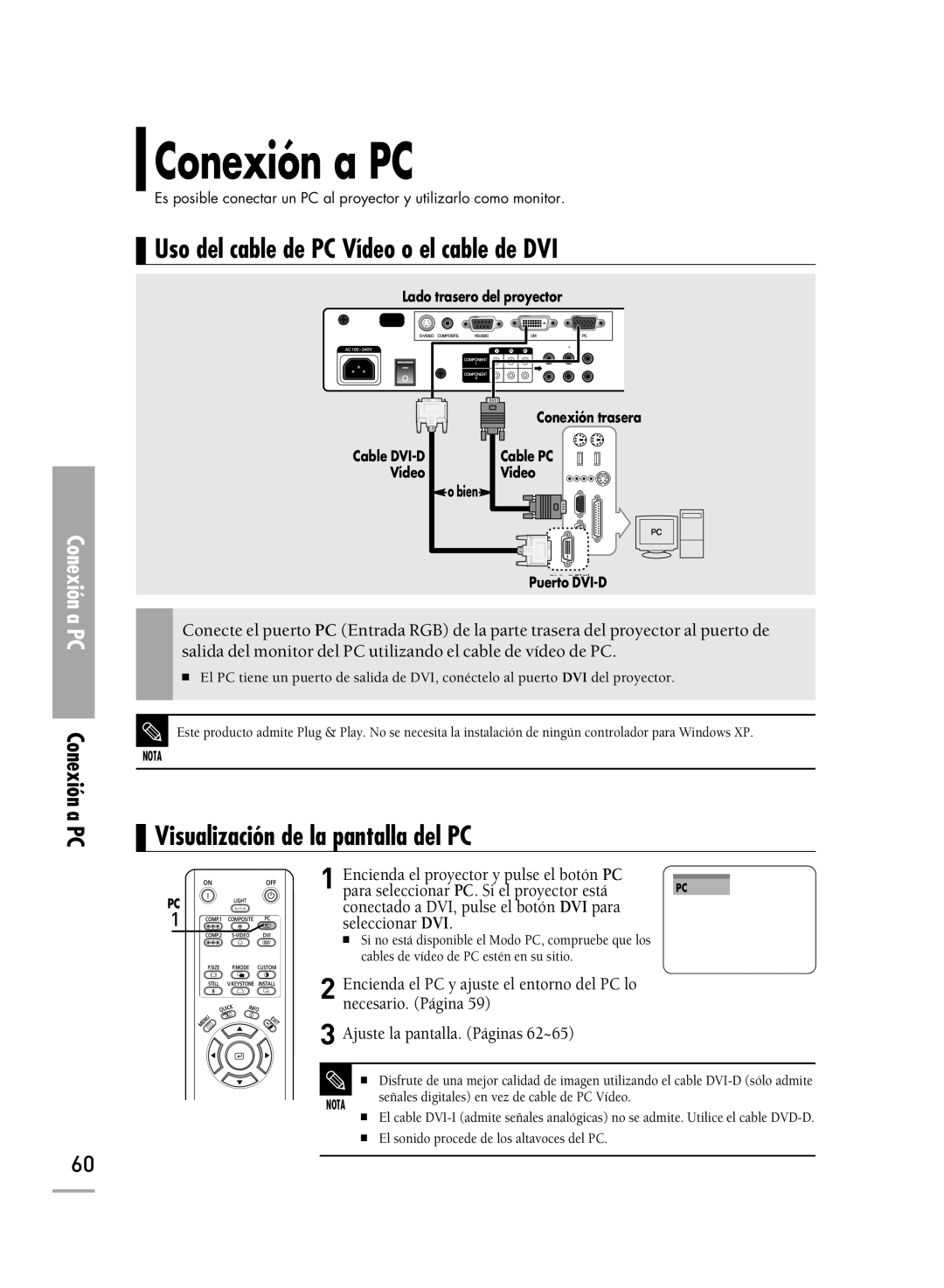 Samsung SPH700AEX/XEC Conexión a PC, Uso del cable de PC Vídeo o el cable de DVI, Visualización de la pantalla del PC 