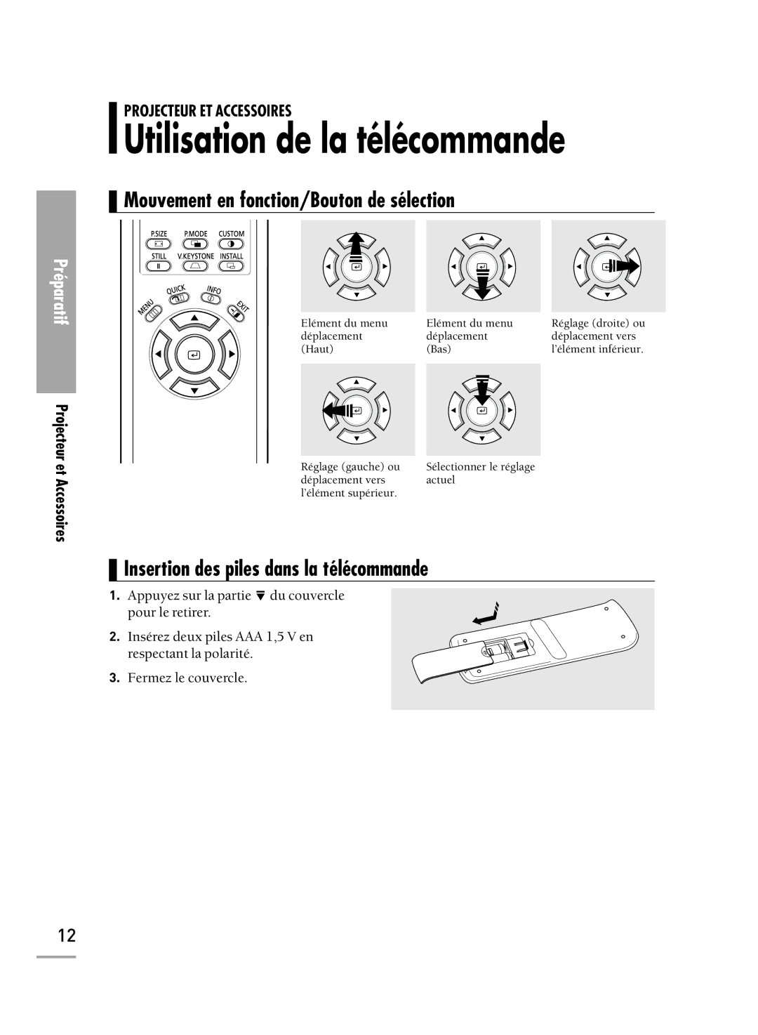 Samsung SPH710AEMX/EDC, SPH700AEX/XEC manual Utilisation de la télécommande, Mouvement en fonction/Bouton de sélection 