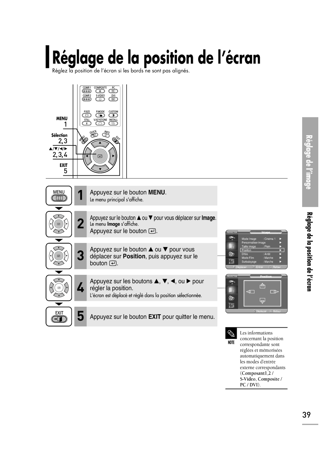 Samsung SPH710AEMX/EDC, SPH700AEX/XEC, SPH700AEX/XEF manual Réglage de la position de l’écran 