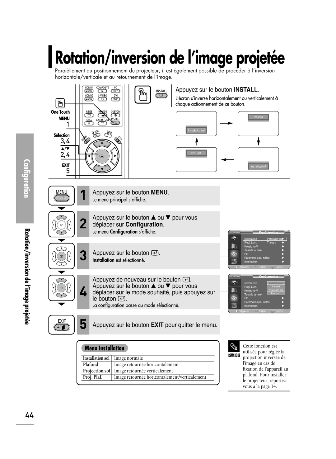 Samsung SPH700AEX/XEF, SPH710AEMX/EDC, SPH700AEX/XEC manual Rotation/inversion de l’image projetée, Menu Installation 