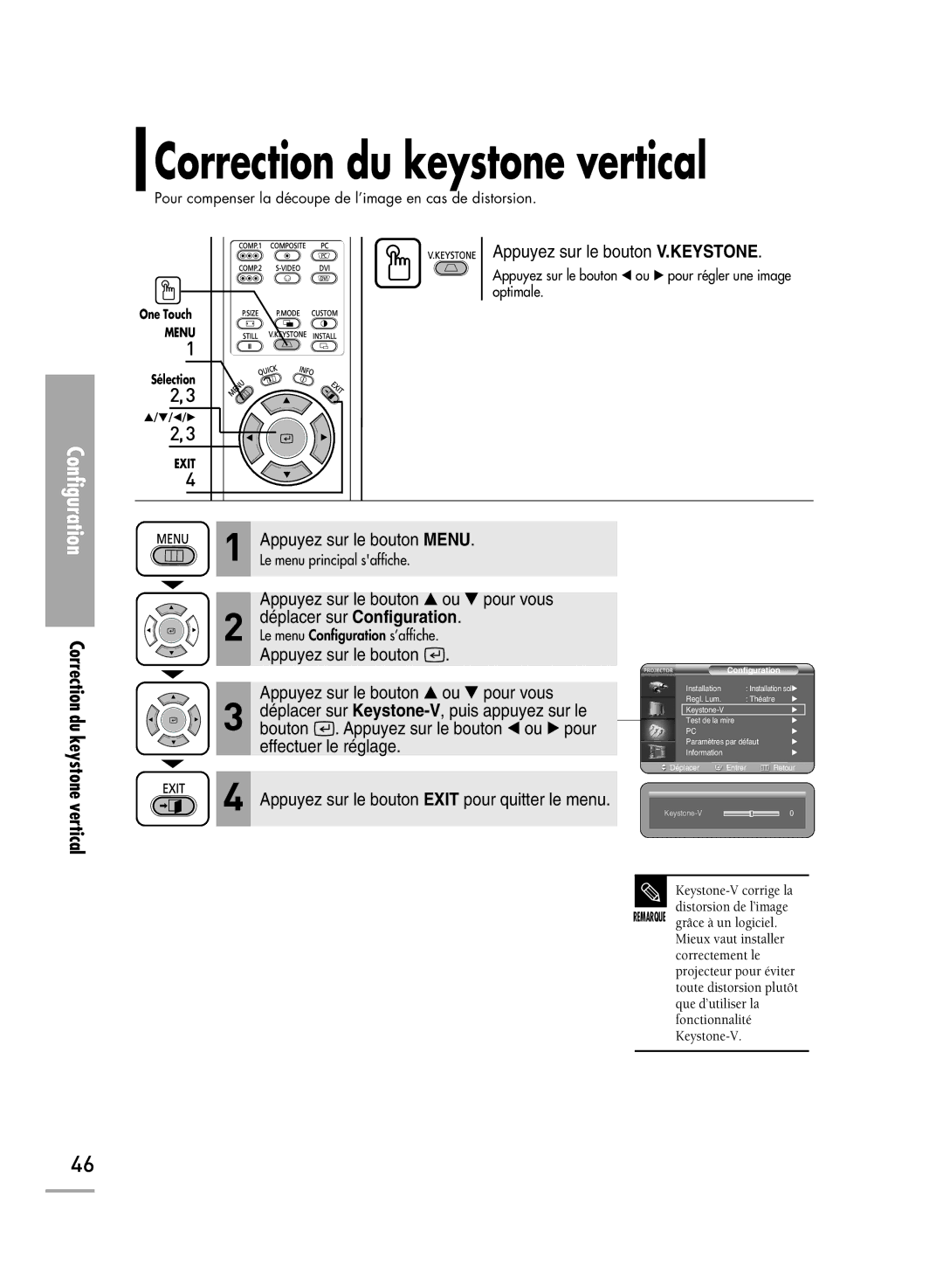 Samsung SPH700AEX/XEC, SPH710AEMX/EDC, SPH700AEX/XEF manual Correction du keystone vertical, Appuyez sur le bouton V.KEYSTONE 