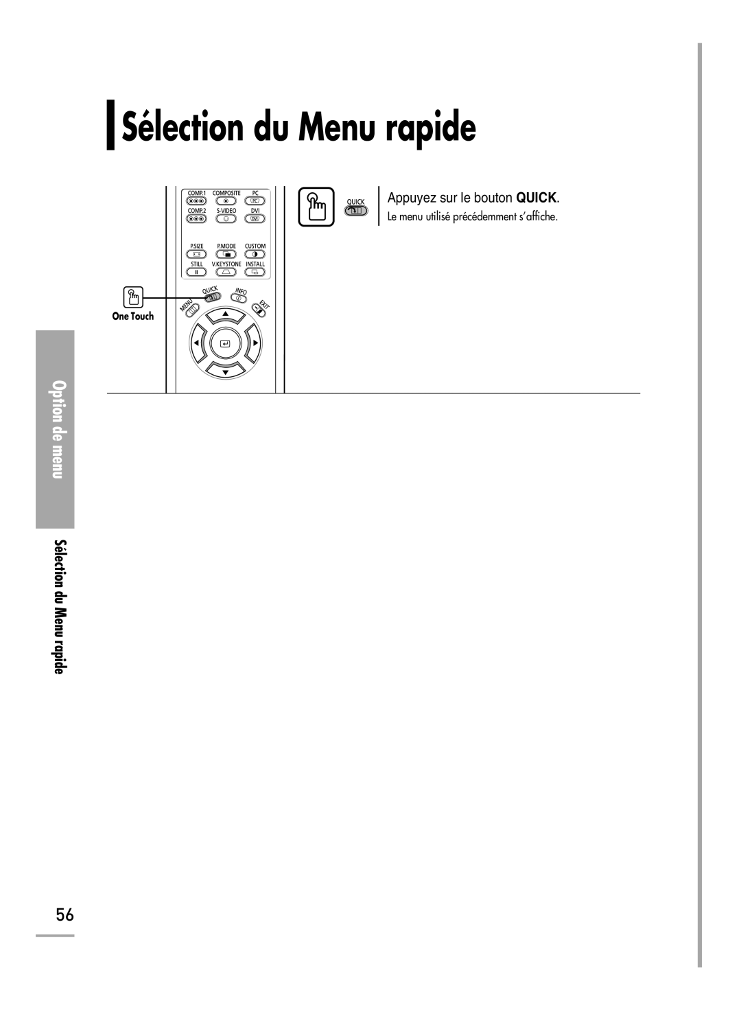 Samsung SPH700AEX/XEF, SPH710AEMX/EDC, SPH700AEX/XEC manual Sélection du Menu rapide 