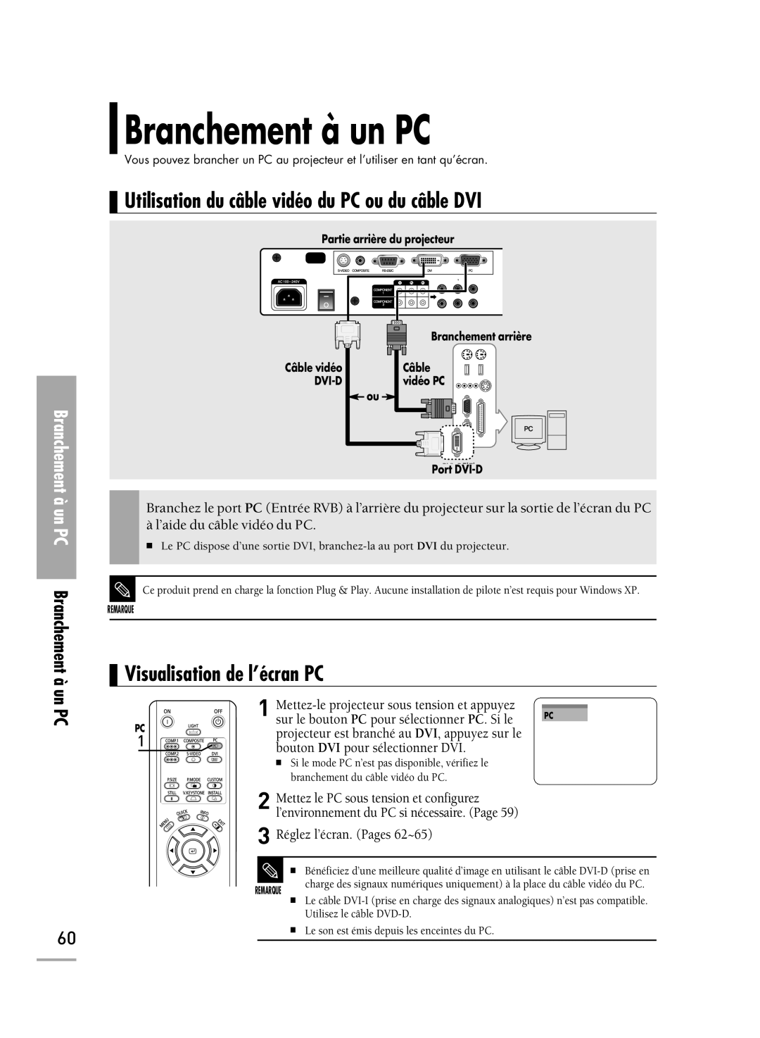 Samsung SPH710AEMX/EDC Branchement à un PC, Utilisation du câble vidéo du PC ou du câble DVI, Visualisation de l’écran PC 