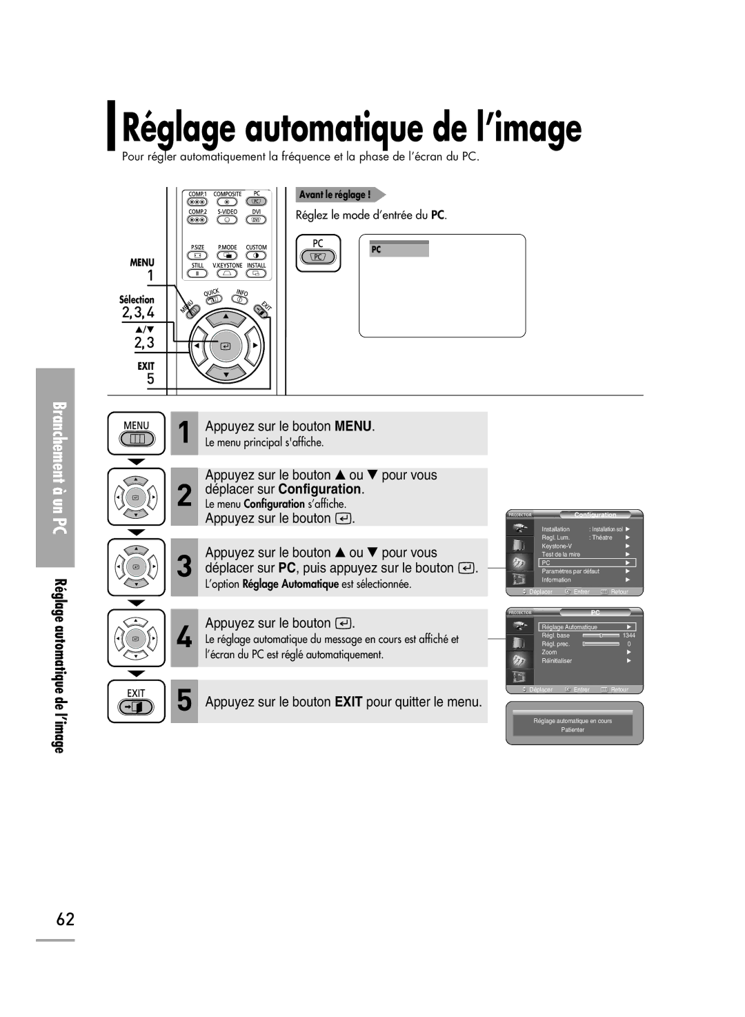 Samsung SPH700AEX/XEF, SPH710AEMX/EDC, SPH700AEX/XEC manual Branchement à un PC Réglage automatique de l’image 