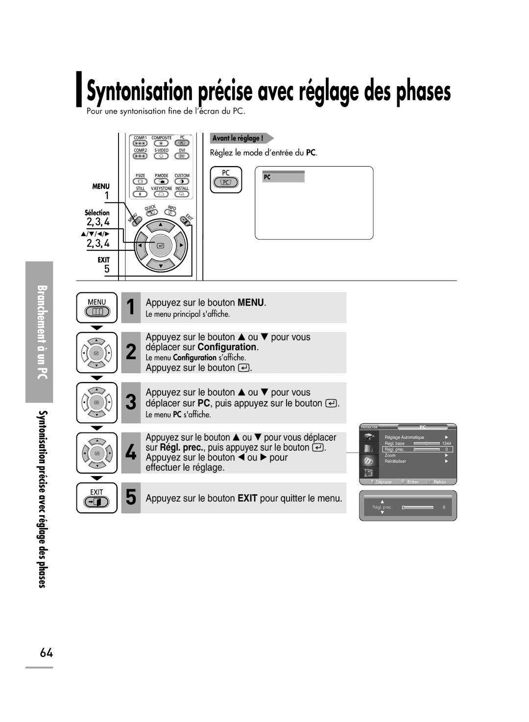 Samsung SPH700AEX/XEC, SPH710AEMX/EDC, SPH700AEX/XEF manual Syntonisation précise avec réglage des phases, Des phases 