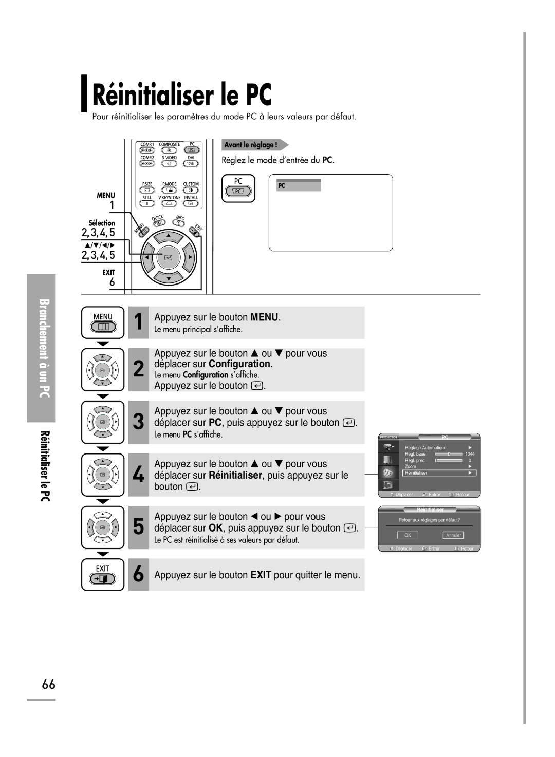 Samsung SPH710AEMX/EDC, SPH700AEX/XEC, SPH700AEX/XEF manual Branchement à un PC Réinitialiser le PC 