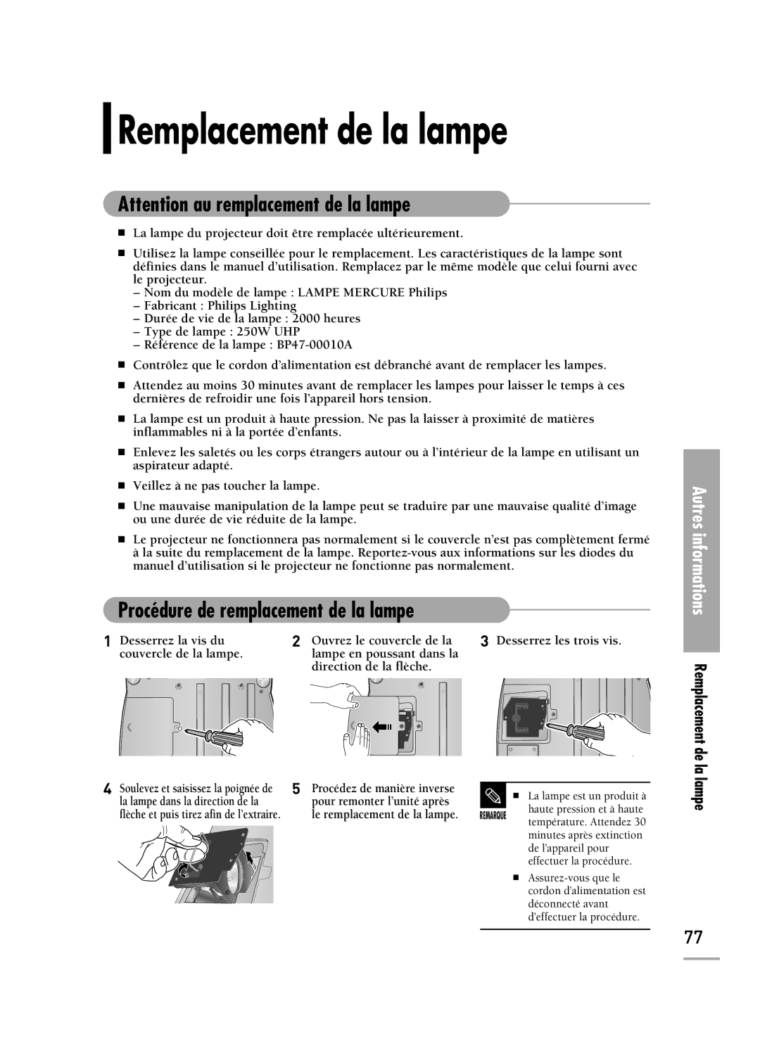 Samsung SPH700AEX/XEF, SPH710AEMX/EDC, SPH700AEX/XEC Remplacement de la lampe, Procédure de remplacement de la lampe, Lampe 