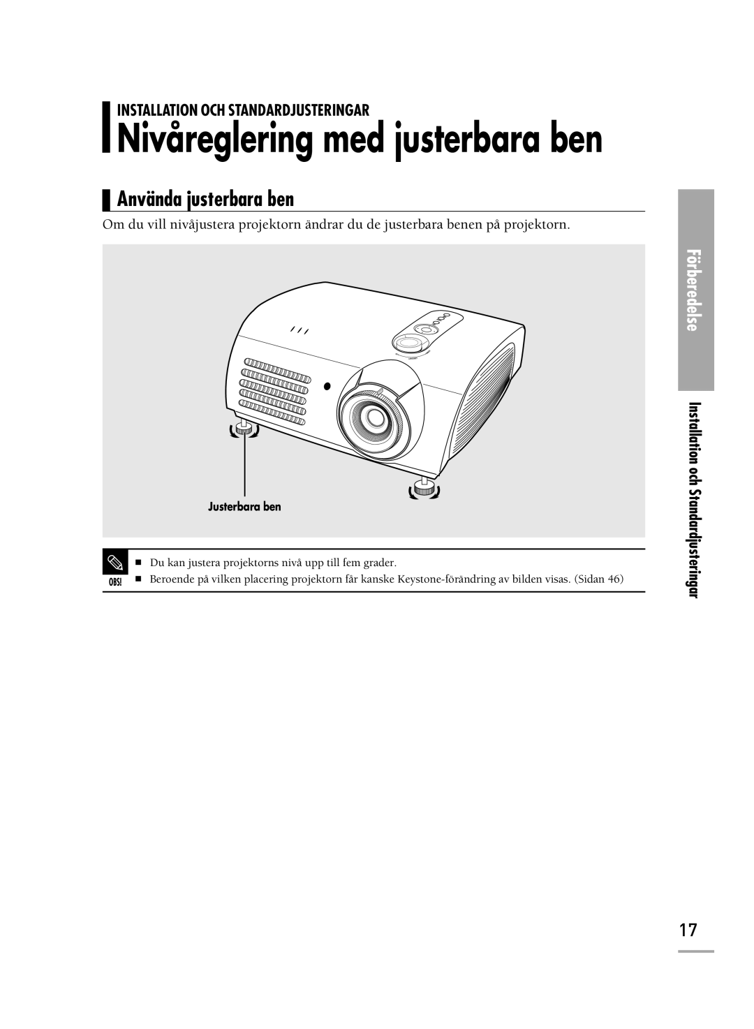 Samsung SPH700AEX/XEC, SPH710AEMX/EDC manual Nivåreglering med justerbara ben, Använda justerbara ben 