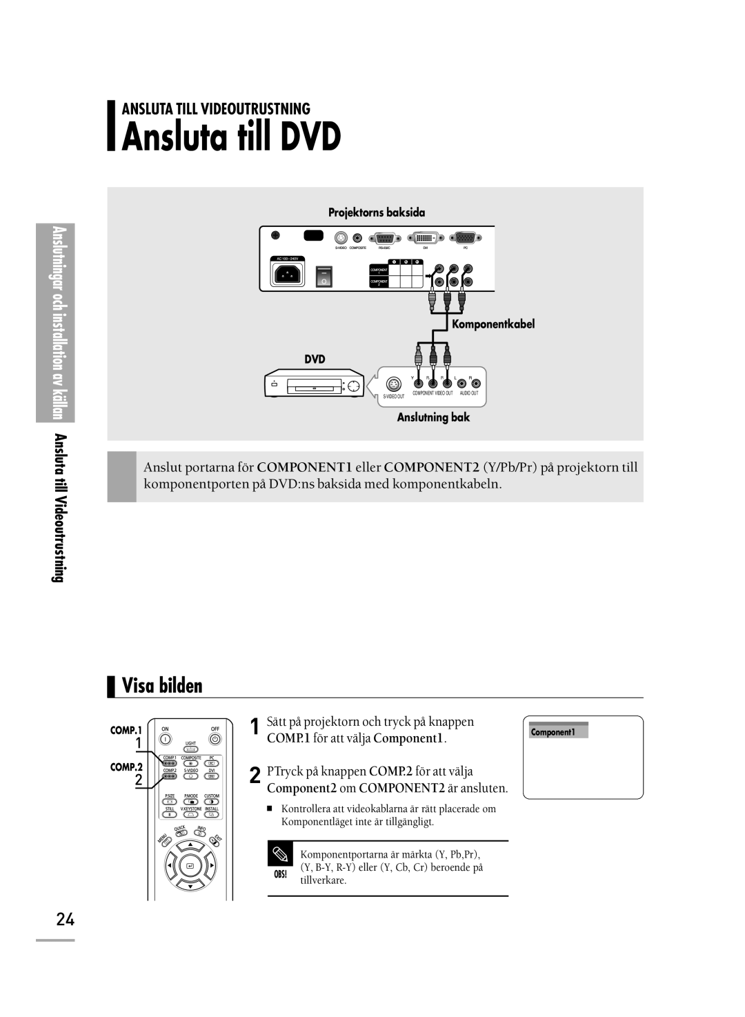 Samsung SPH710AEMX/EDC, SPH700AEX/XEC manual Ansluta till DVD, COMP.1 för att välja Component1 