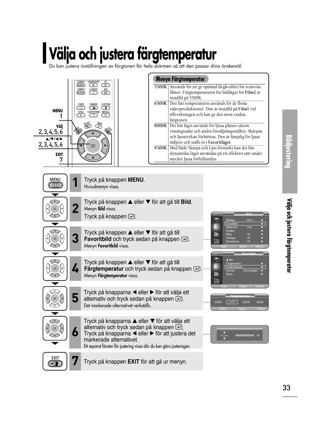 Samsung SPH700AEX/XEC, SPH710AEMX/EDC manual Välja och justera färgtemperatur, Menyn Färgtemperatur 