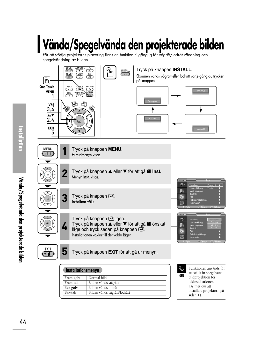 Samsung SPH710AEMX/EDC, SPH700AEX/XEC manual Vända/Spegelvända den projekterade bilden, Installationsmenyn 