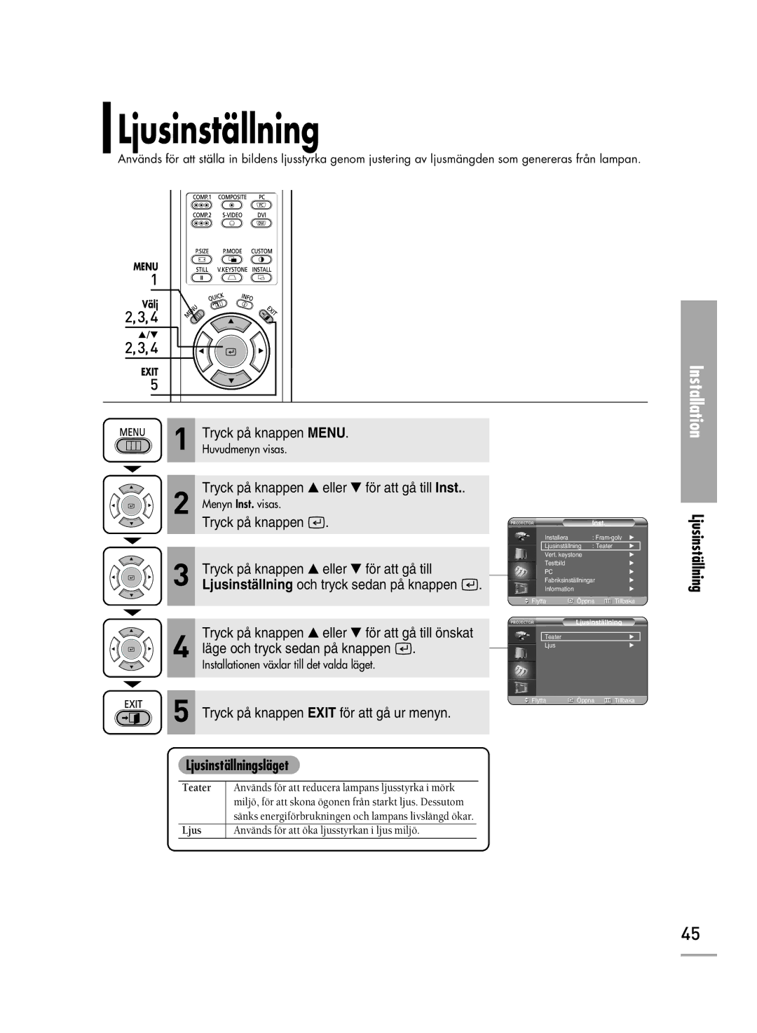 Samsung SPH700AEX/XEC, SPH710AEMX/EDC manual Ljusinställningsläget 