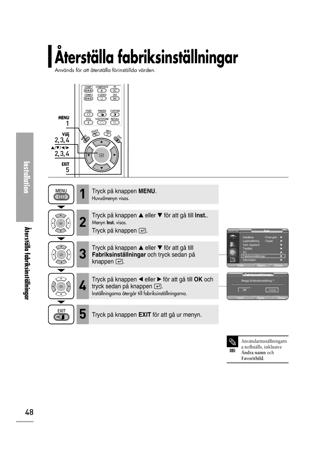 Samsung SPH710AEMX/EDC, SPH700AEX/XEC manual Återställa fabriksinställningar, Ällningar 