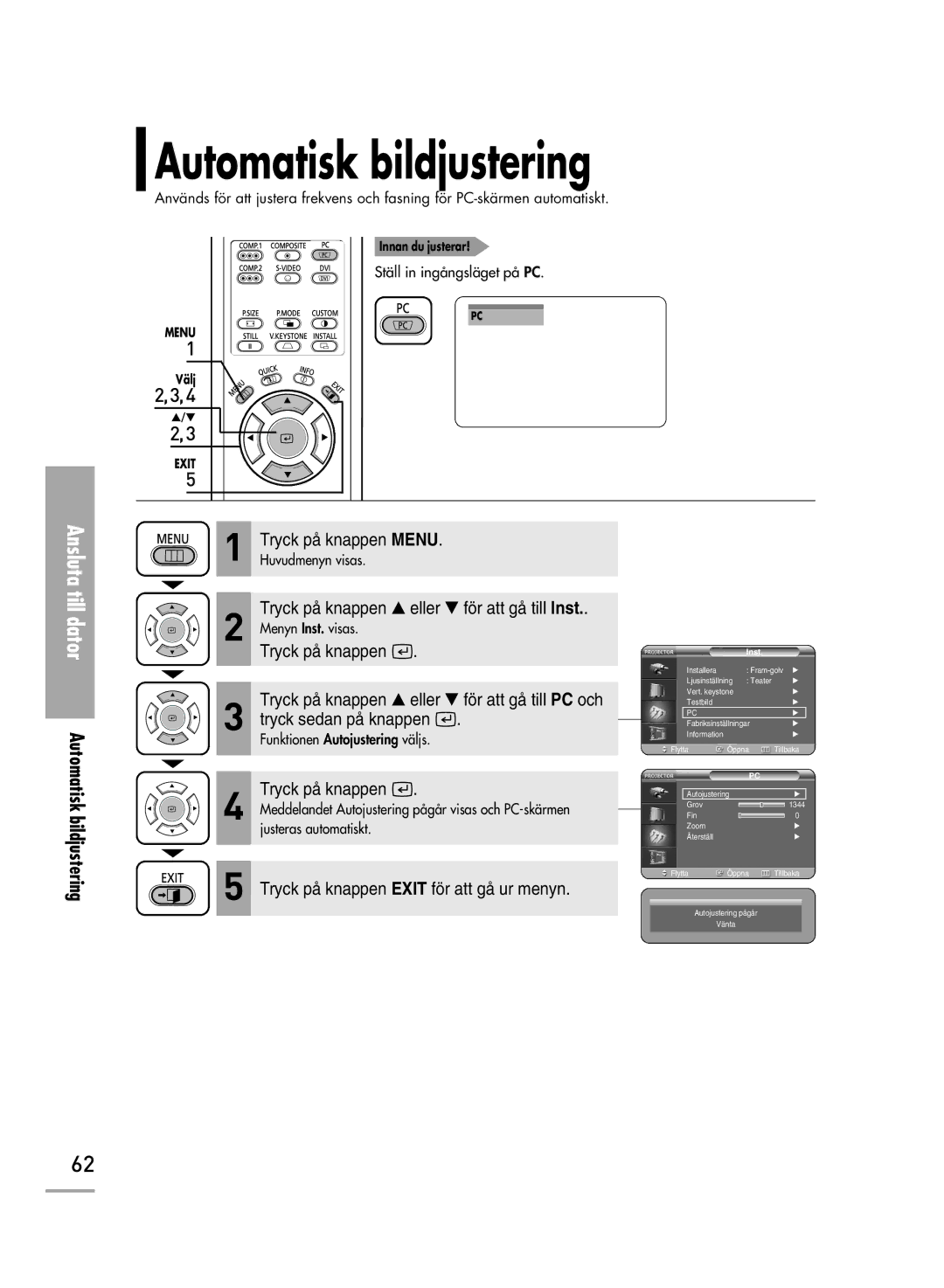 Samsung SPH710AEMX/EDC, SPH700AEX/XEC manual Automatisk bildjustering 