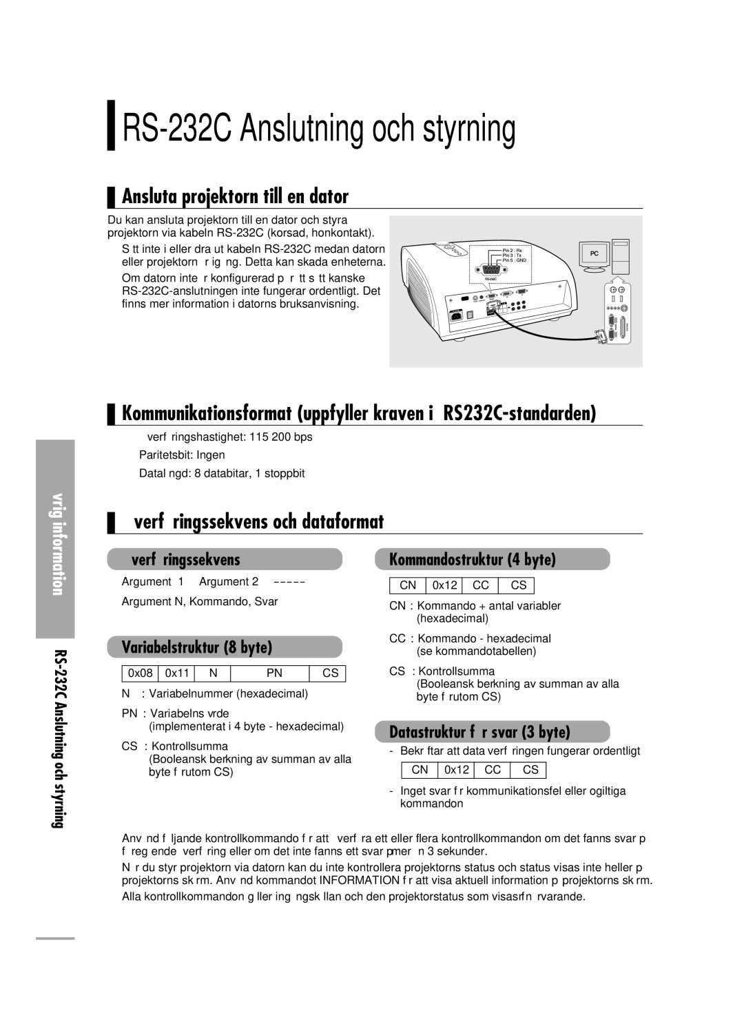 Samsung SPH710AEMX/EDC, SPH700AEX/XEC manual Ansluta projektorn till en dator, Överföringssekvens och dataformat 