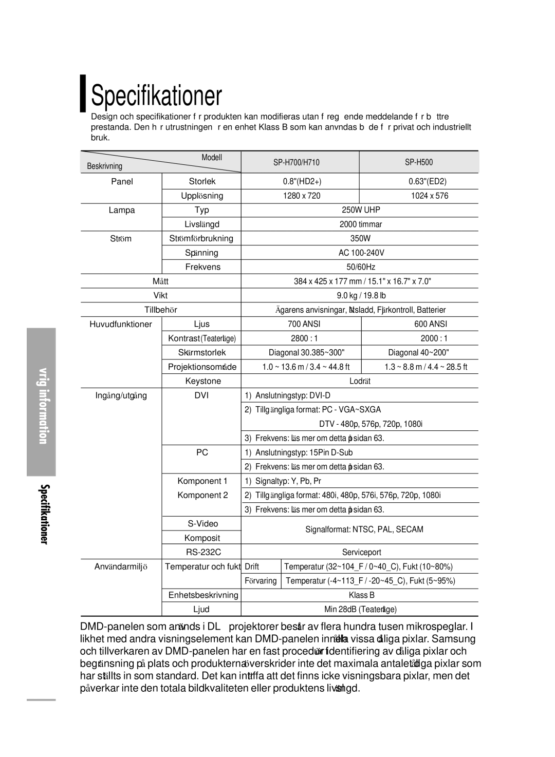 Samsung SPH710AEMX/EDC, SPH700AEX/XEC manual Specifikationer 