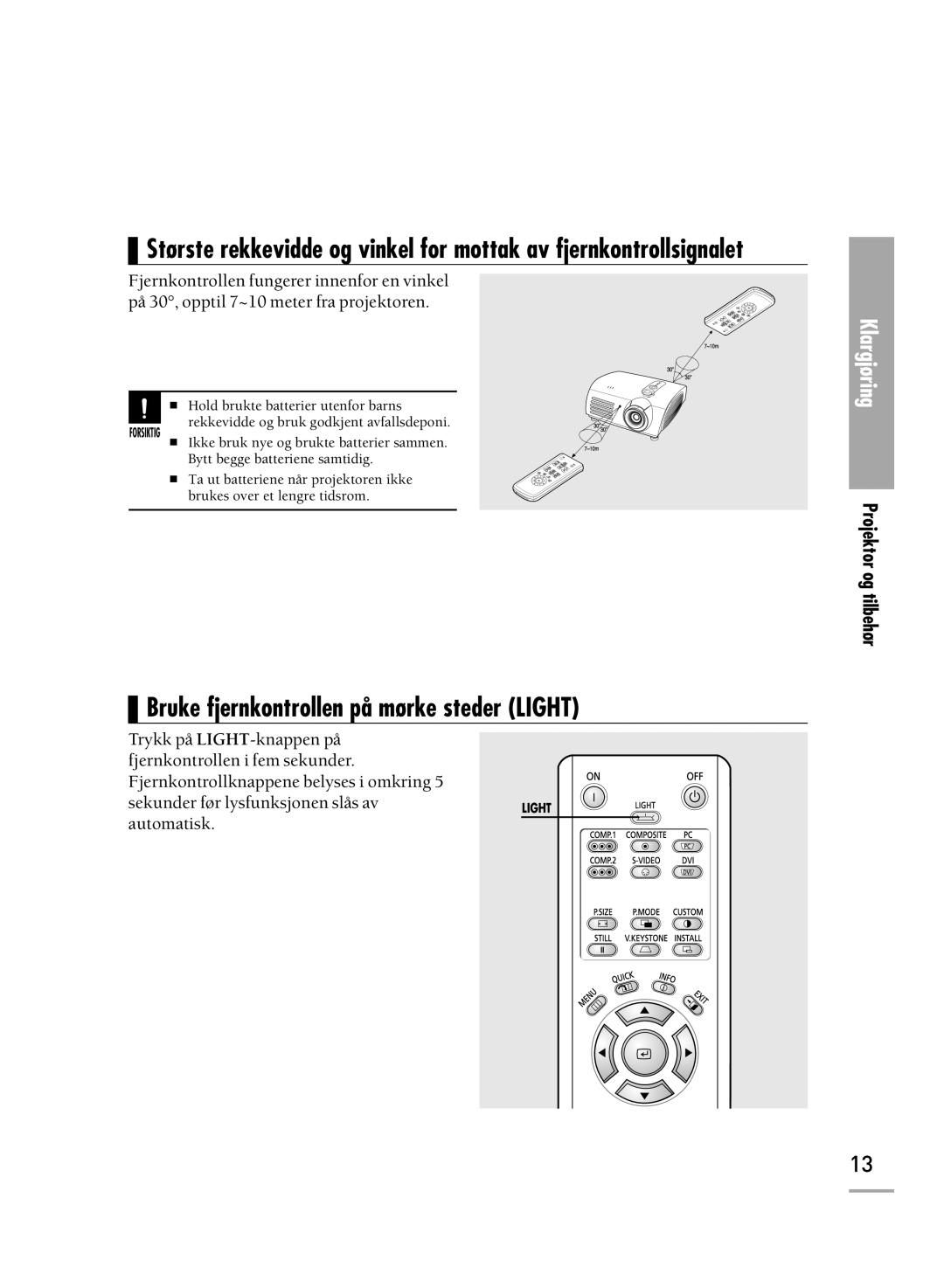 Samsung SPH700AEX/XEC, SPH710AEMX/EDC manual Bruke fjernkontrollen på mørke steder Light 