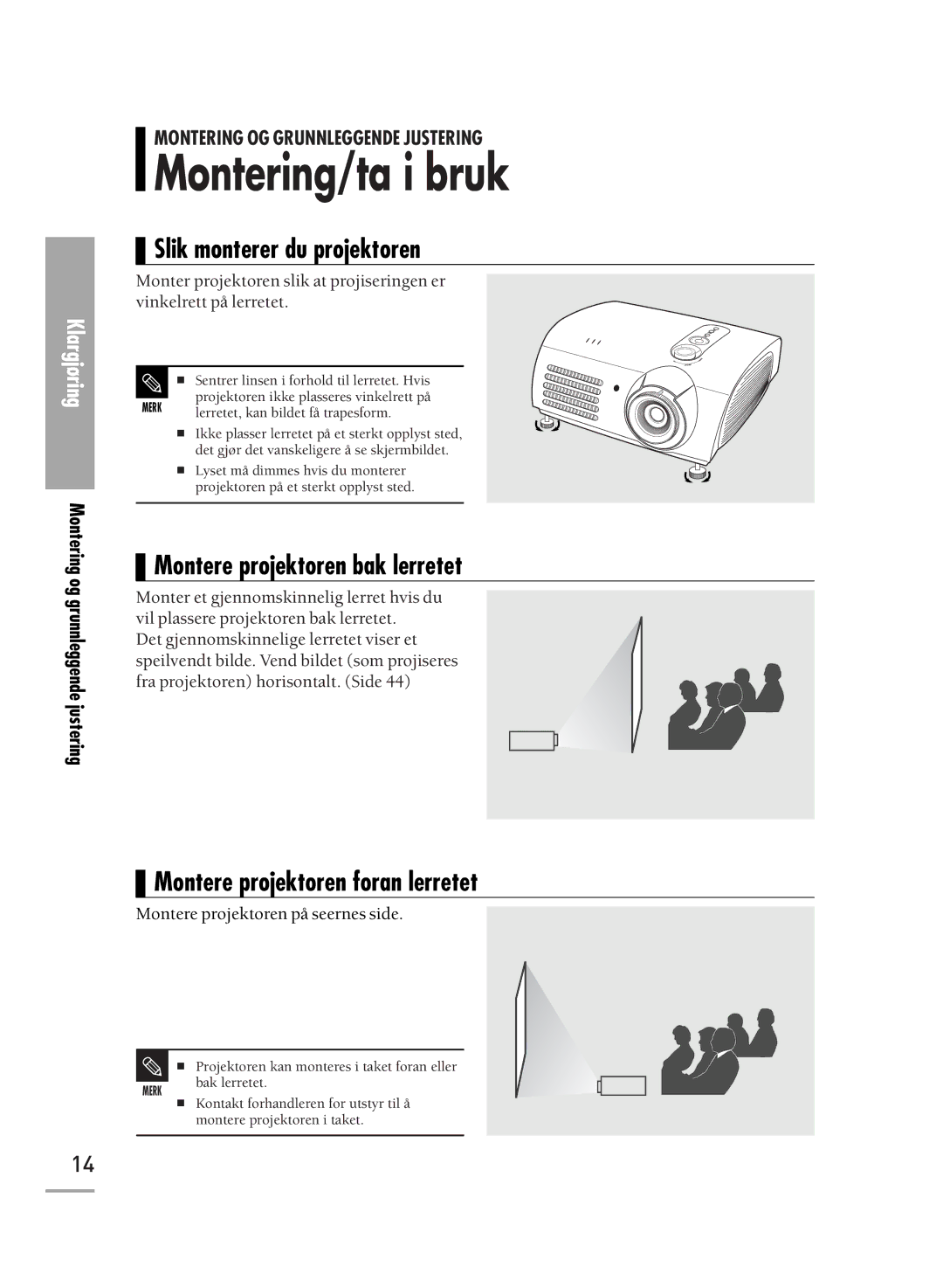 Samsung SPH710AEMX/EDC, SPH700AEX/XEC Montering/ta i bruk, Slik monterer du projektoren, Montere projektoren bak lerretet 