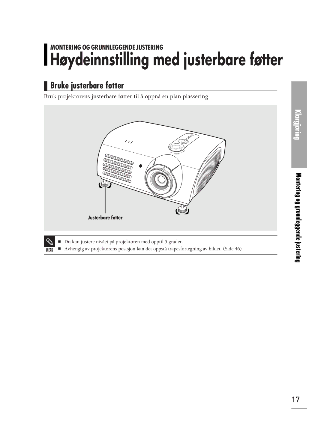 Samsung SPH700AEX/XEC, SPH710AEMX/EDC manual Høydeinnstilling med justerbare føtter, Bruke justerbare føtter 