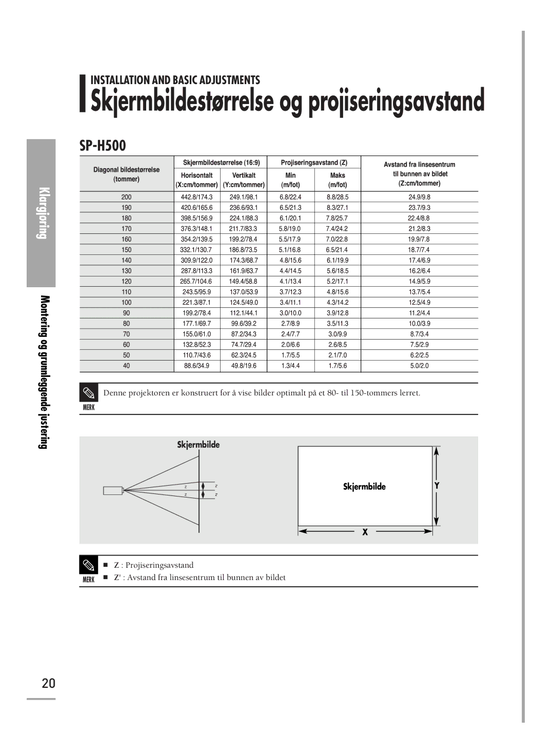 Samsung SPH710AEMX/EDC, SPH700AEX/XEC manual Skjermbildestørrelse og projiseringsavstand 