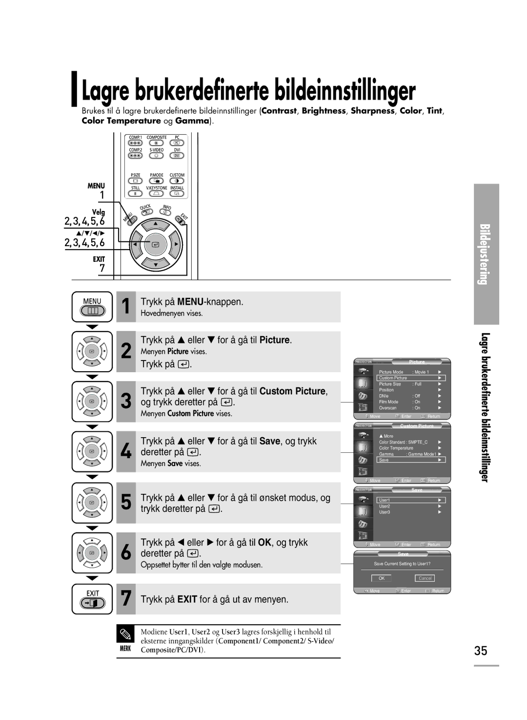 Samsung SPH700AEX/XEC, SPH710AEMX/EDC manual Lagre brukerdefinerte bildeinnstillinger, Bildeinnstillinger 