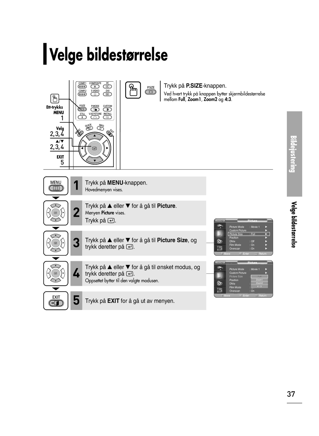 Samsung SPH700AEX/XEC, SPH710AEMX/EDC manual Velge bildestørrelse 