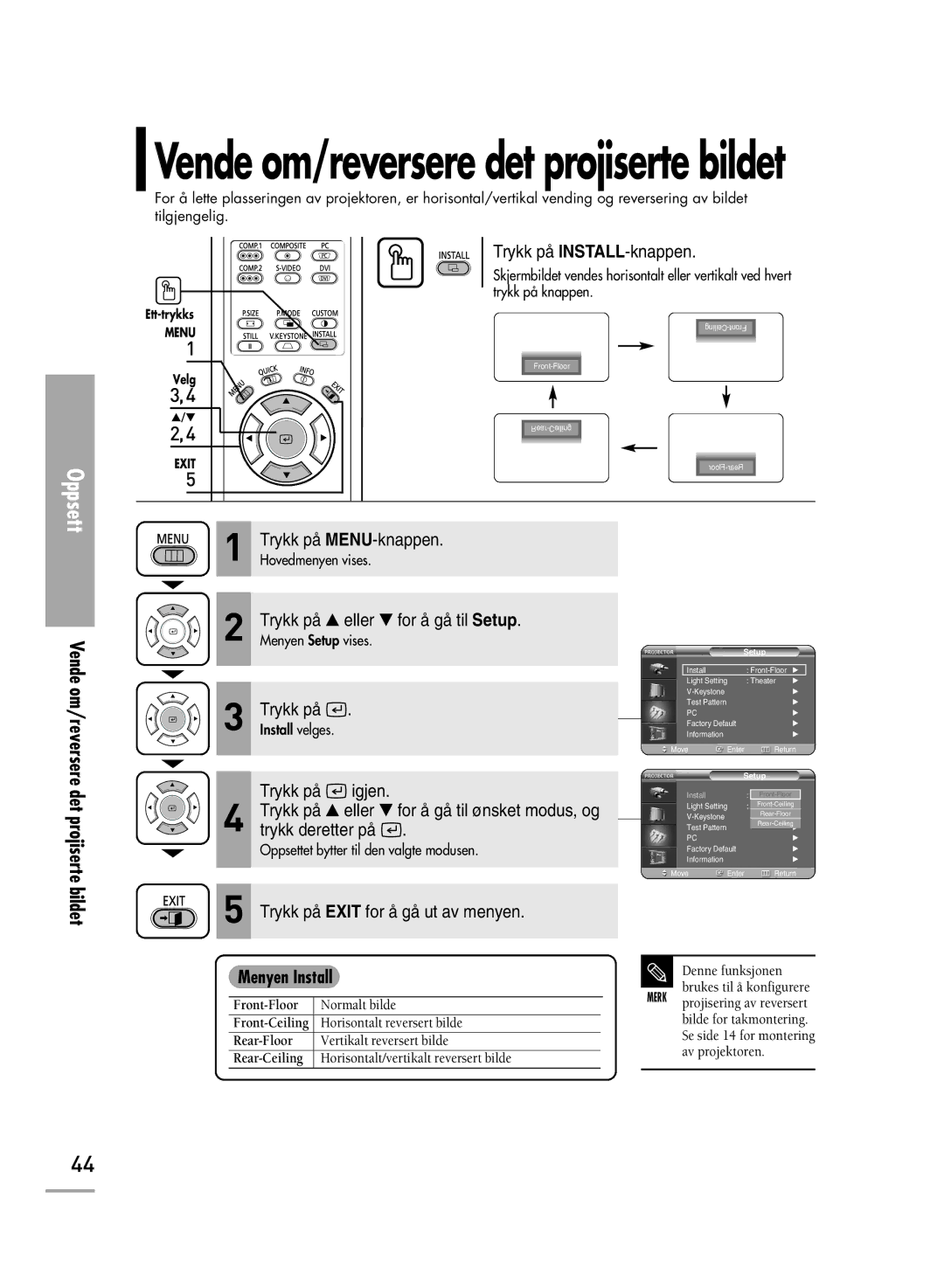 Samsung SPH710AEMX/EDC, SPH700AEX/XEC manual Vende om/reversere det projiserte bildet, Menyen Install 