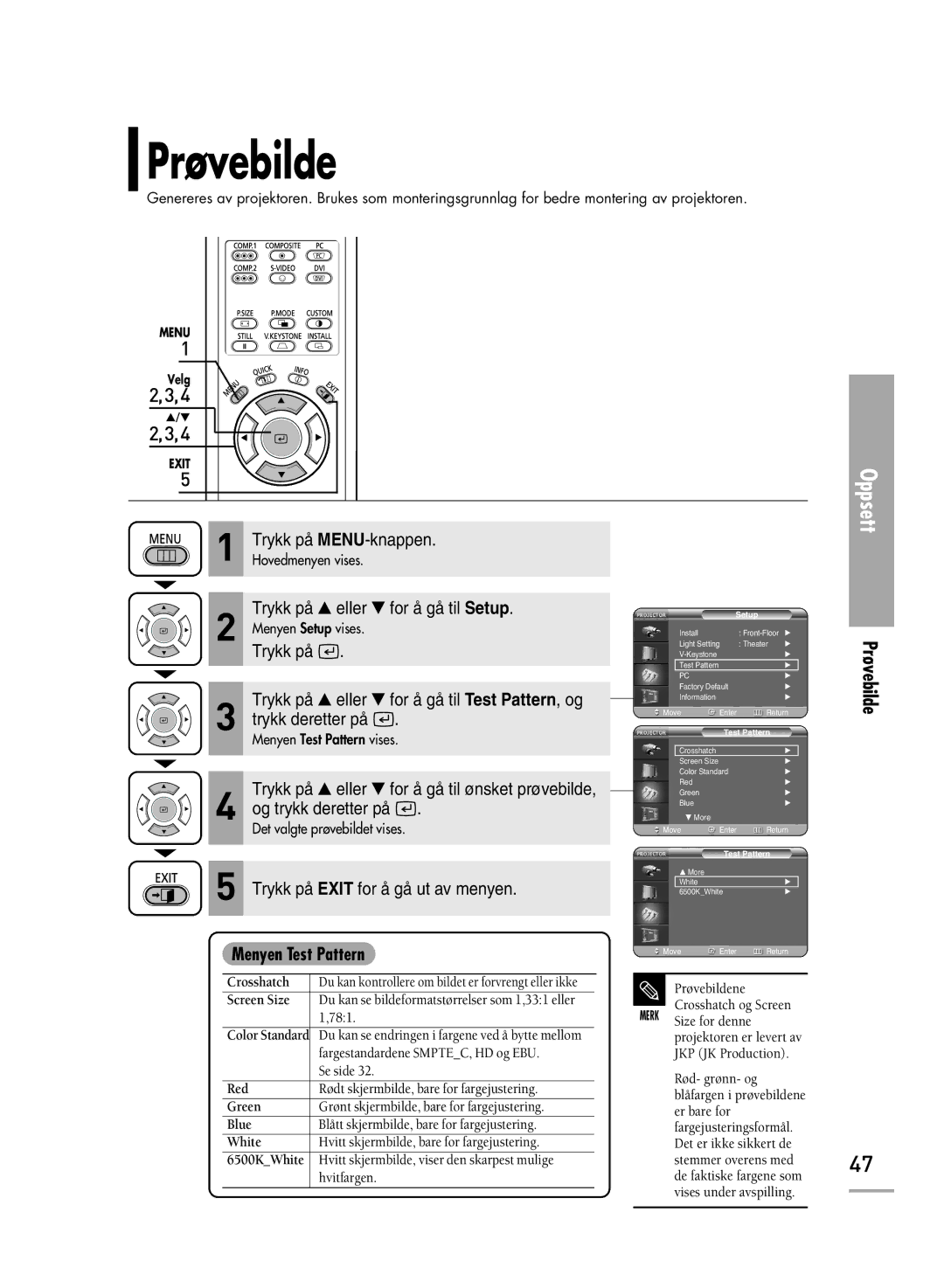 Samsung SPH700AEX/XEC, SPH710AEMX/EDC manual Prøvebilde, Menyen Test Pattern 