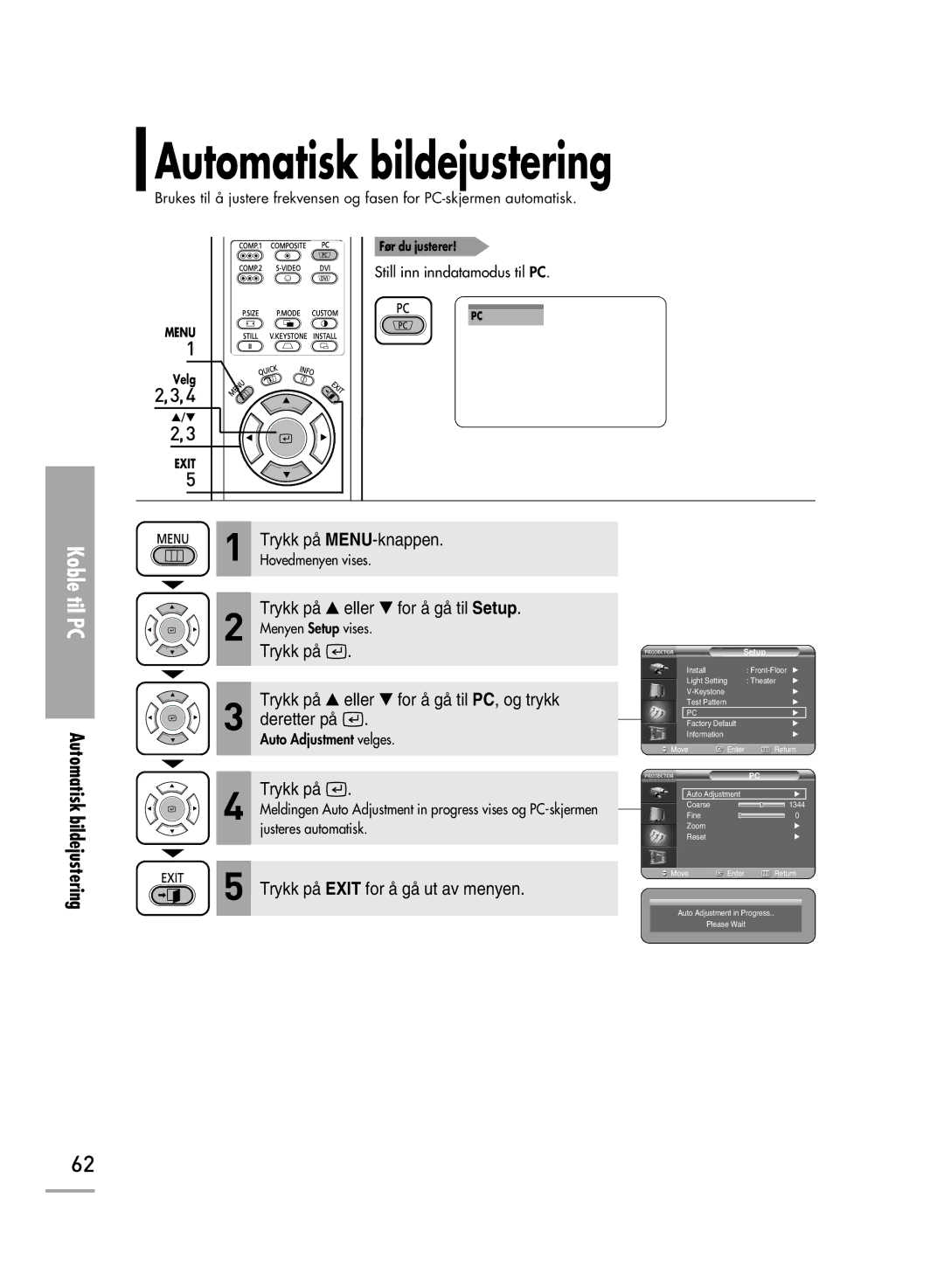 Samsung SPH710AEMX/EDC, SPH700AEX/XEC manual Automatisk bildejustering 