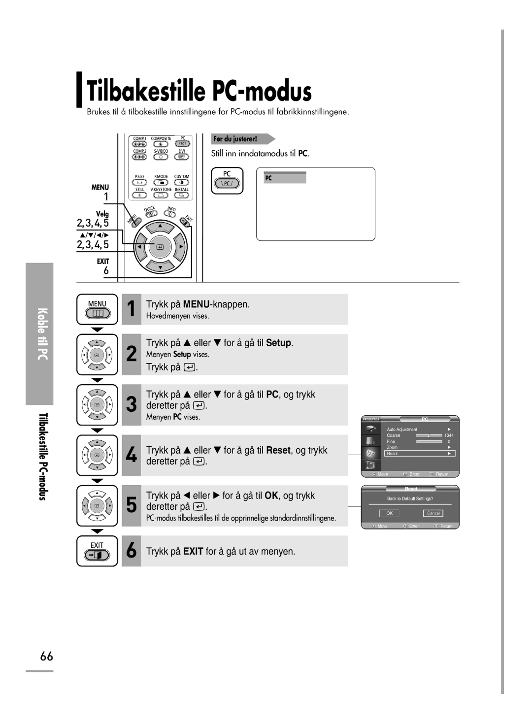 Samsung SPH710AEMX/EDC, SPH700AEX/XEC manual Tilbakestille PC-modus, Modus 