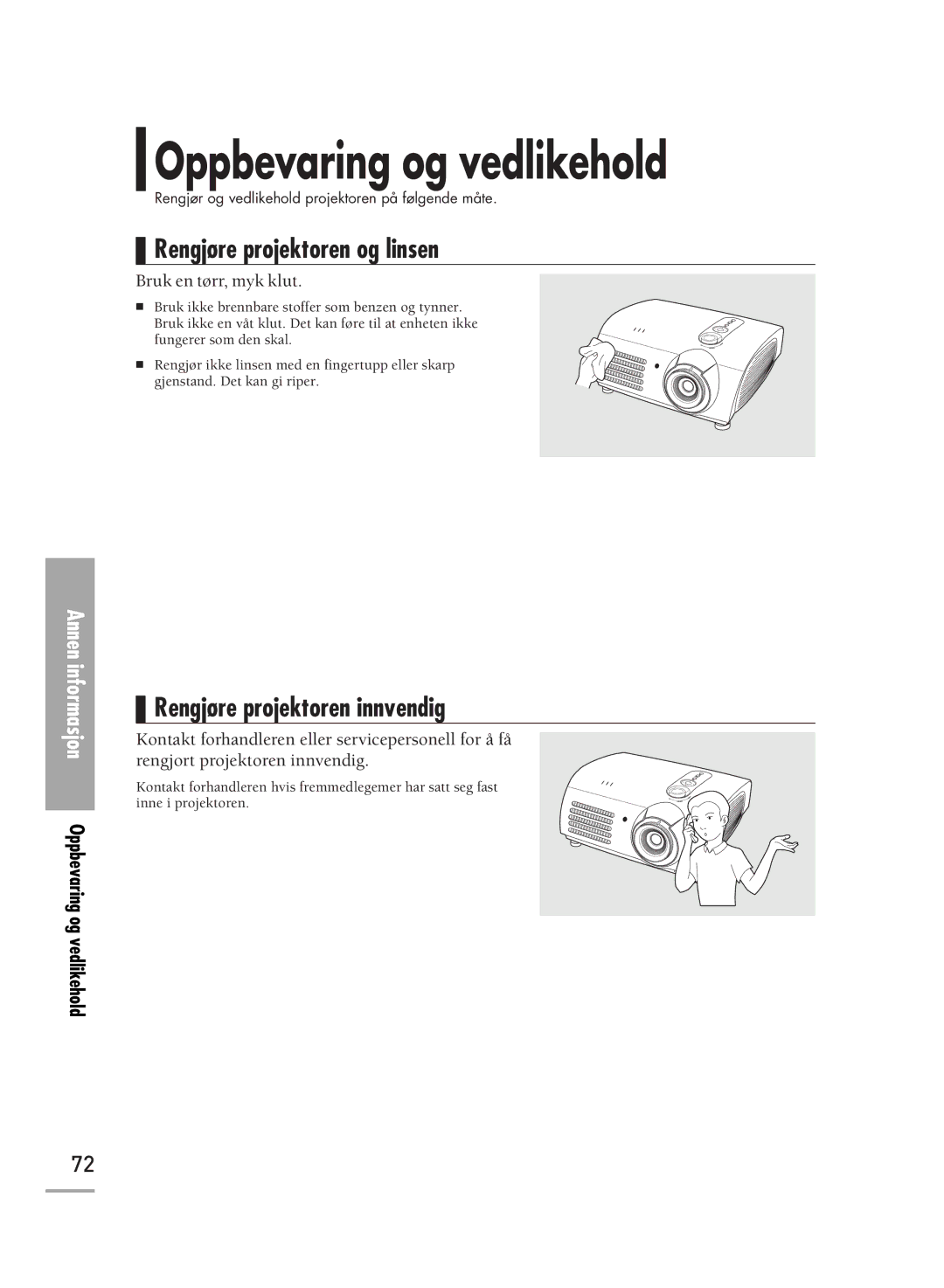 Samsung SPH710AEMX/EDC manual Oppbevaring og vedlikehold, Rengjøre projektoren og linsen, Rengjøre projektoren innvendig 