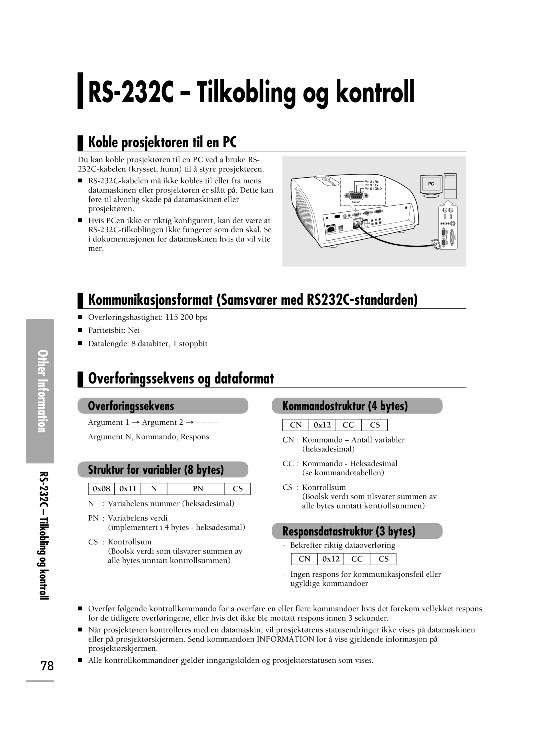 Samsung SPH710AEMX/EDC RS-232C Tilkobling og kontroll, Koble prosjektøren til en PC, Overføringssekvens og dataformat 