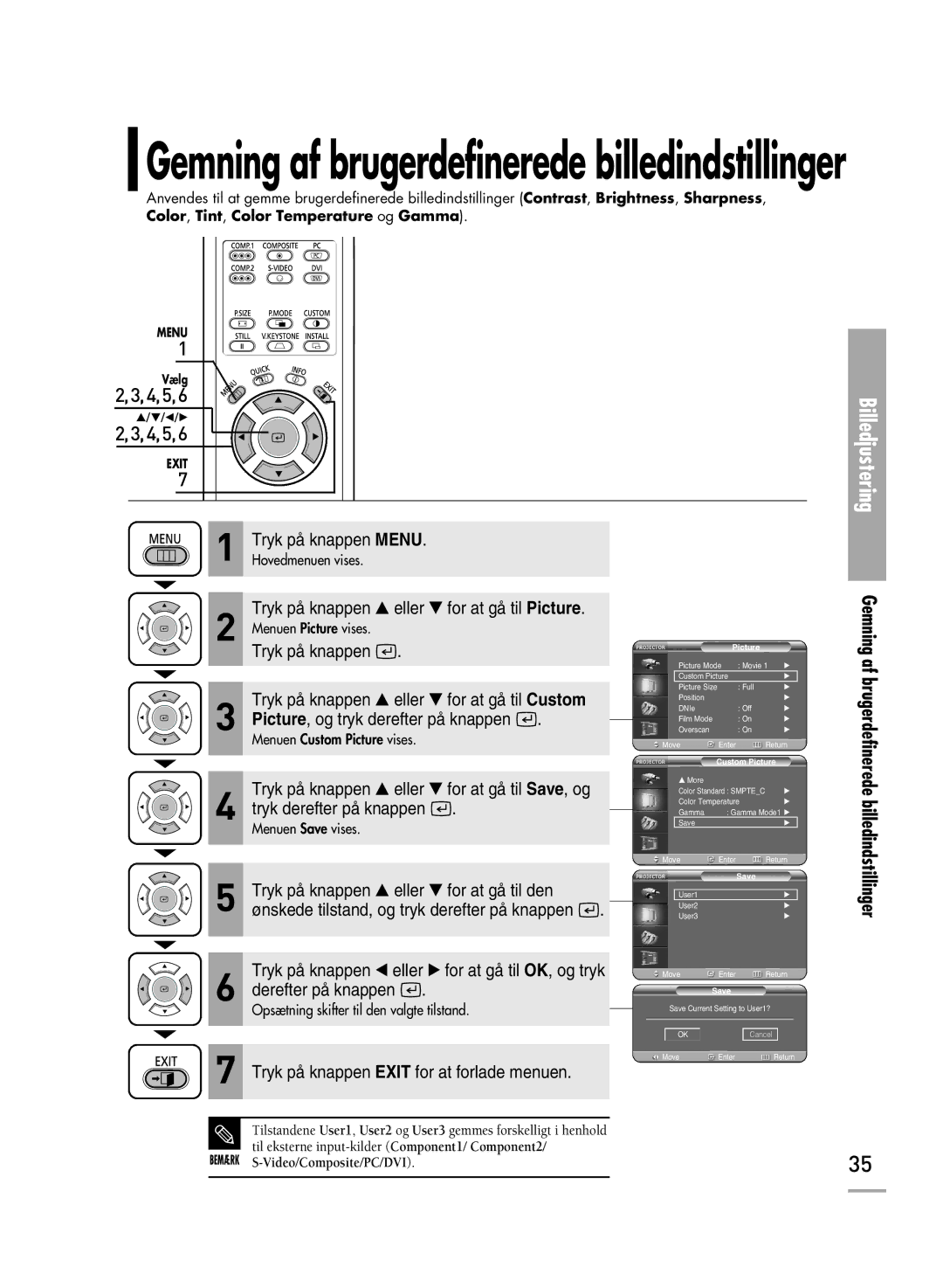 Samsung SPH700AEX/XEC, SPH710AEMX/EDC manual Gemning af brugerdefinerede billedindstillinger, Billedindstillinger 