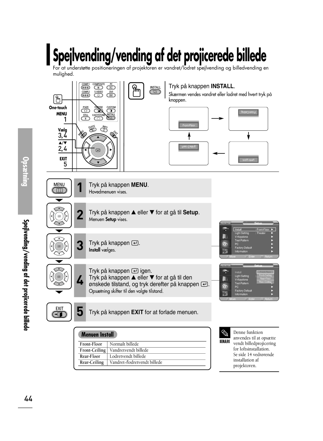 Samsung SPH710AEMX/EDC manual Spejlvending/vending af det projicerede billede, Tryk på knappen Install, Menuen Install 