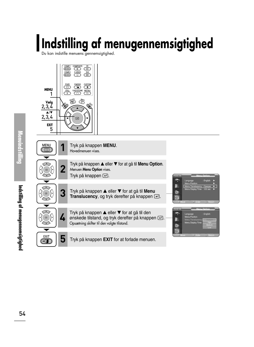 Samsung SPH710AEMX/EDC, SPH700AEX/XEC manual Indstilling af menugennemsigtighed 