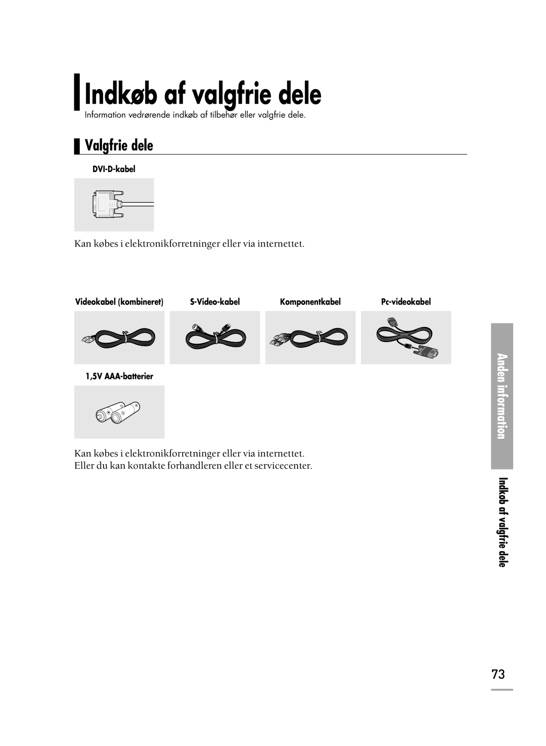 Samsung SPH700AEX/XEC, SPH710AEMX/EDC manual Indkøb af valgfrie dele, Valgfrie dele 