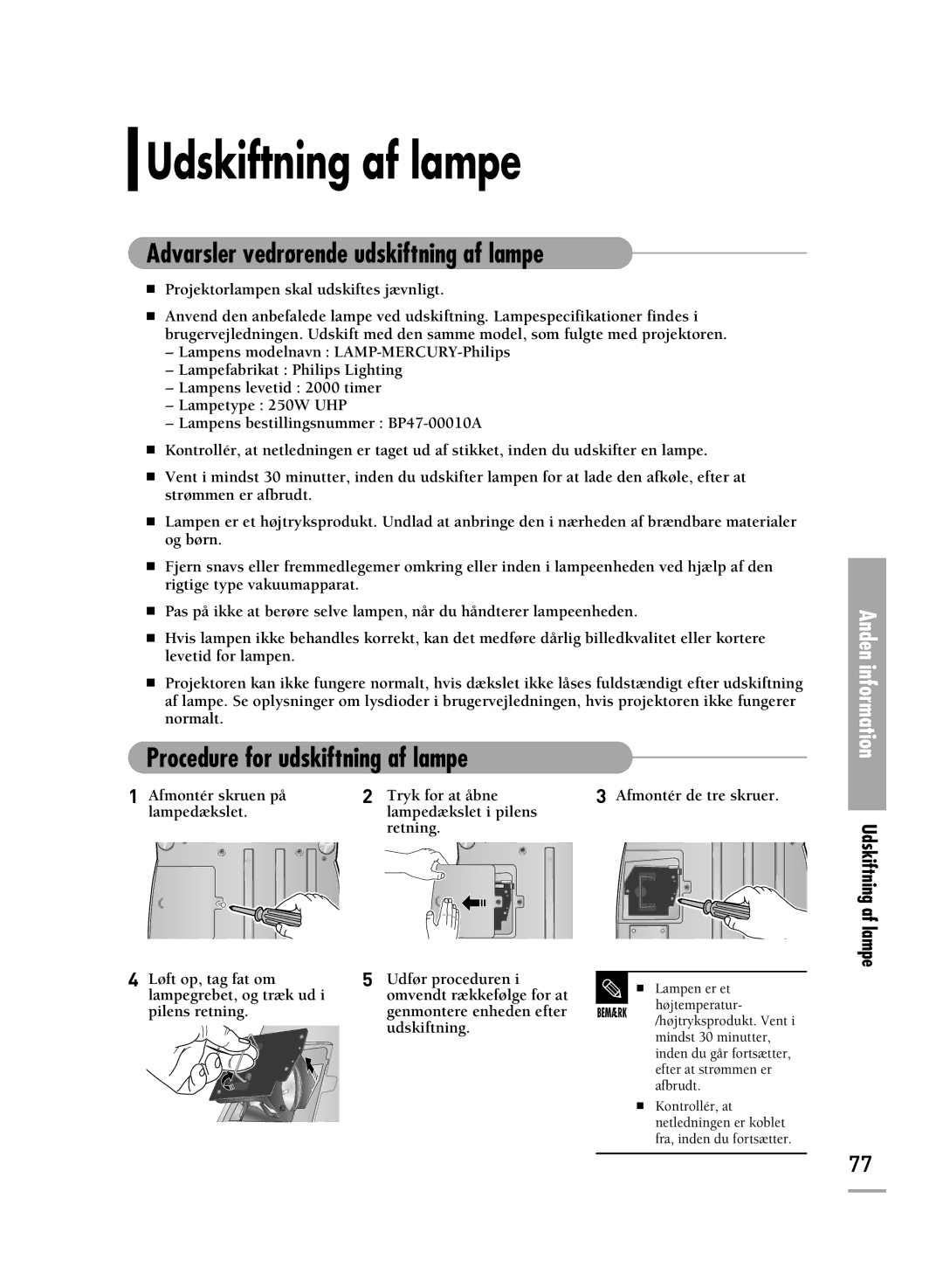 Samsung SPH700AEX/XEC Udskiftning af lampe, Advarsler vedrørende udskiftning af lampe, Procedure for udskiftning af lampe 