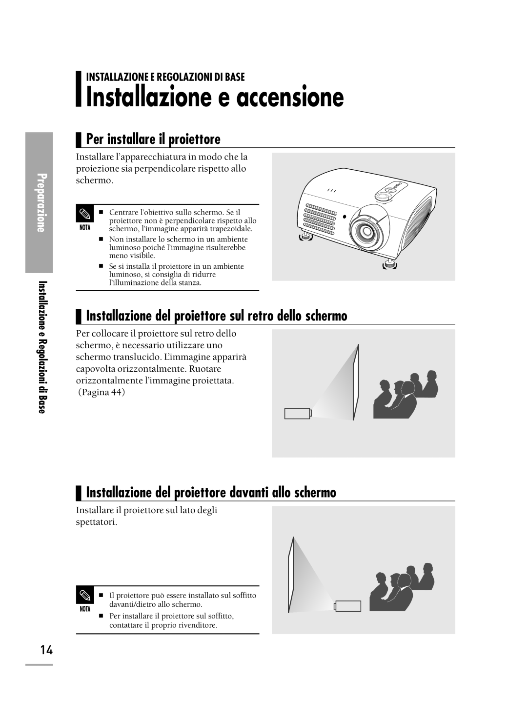 Samsung SPH500AEX/XEF manual Installazione e accensione, Per installare il proiettore, Installazione e Regolazioni di Base 