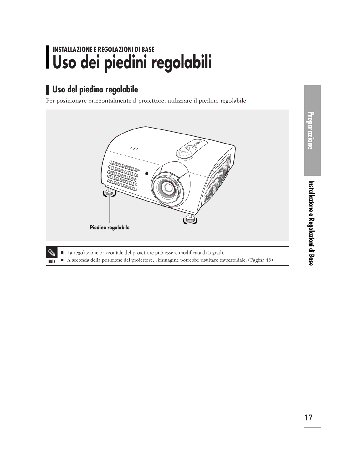 Samsung SPH700AEX/XEF, SPH710AEMX/EDC, SPH500AEX/XEF, SPH500AEX/XEG Uso dei piedini regolabili, Uso del piedino regolabile 