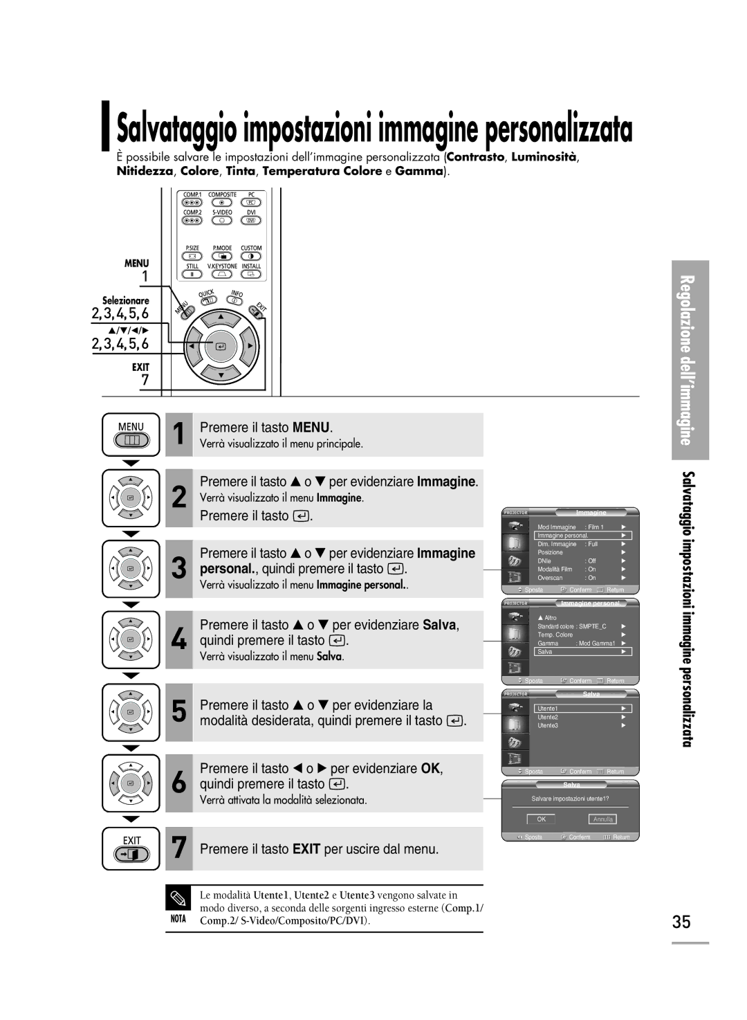 Samsung SPH500AEX/XEG, SPH710AEMX/EDC, SPH700AEX/XEF, SPH500AEX/XEF manual Salvataggio impostazioni immagine personalizzata 